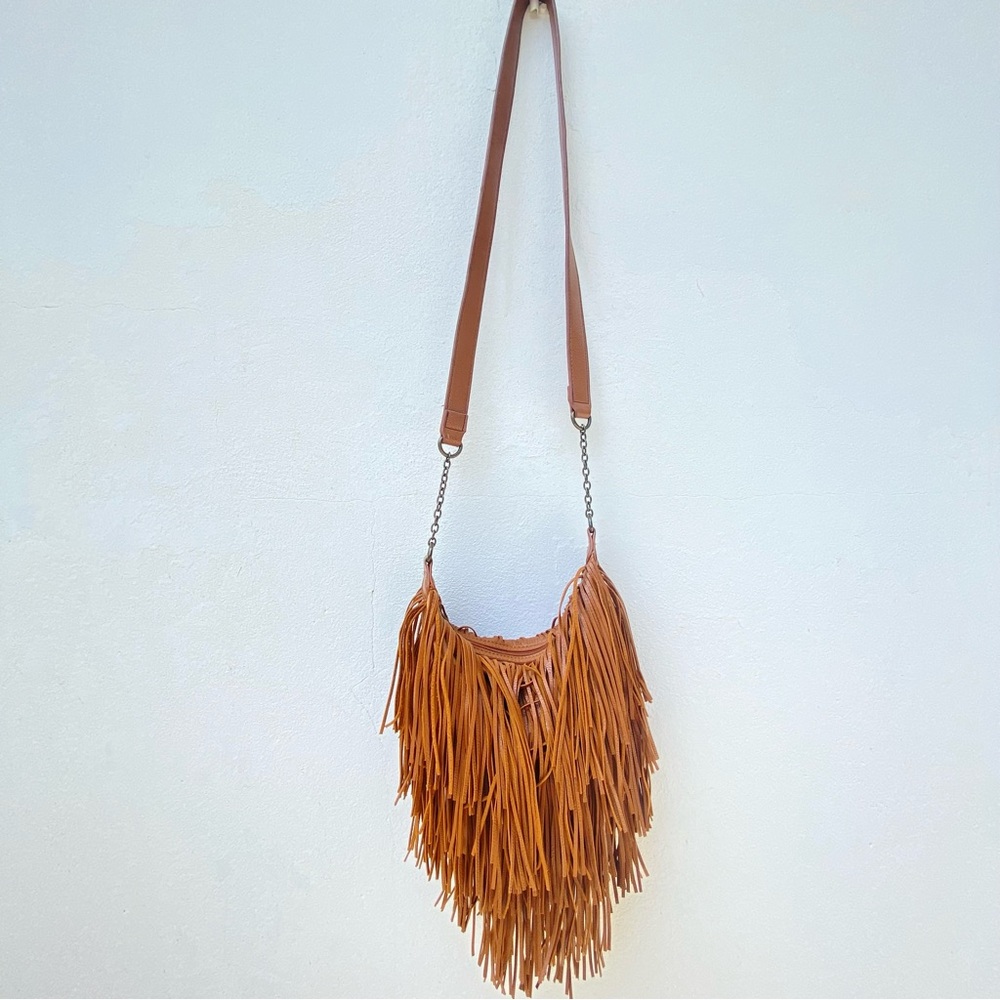 Y2K Camel Tan Leather Fringe Crossbody Bag